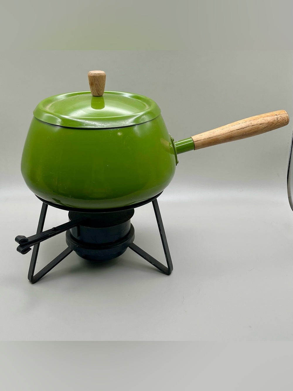 Vintage 70s Japan Avocado Green Fondue Pot Set Wood Handle Stand Burner MCM